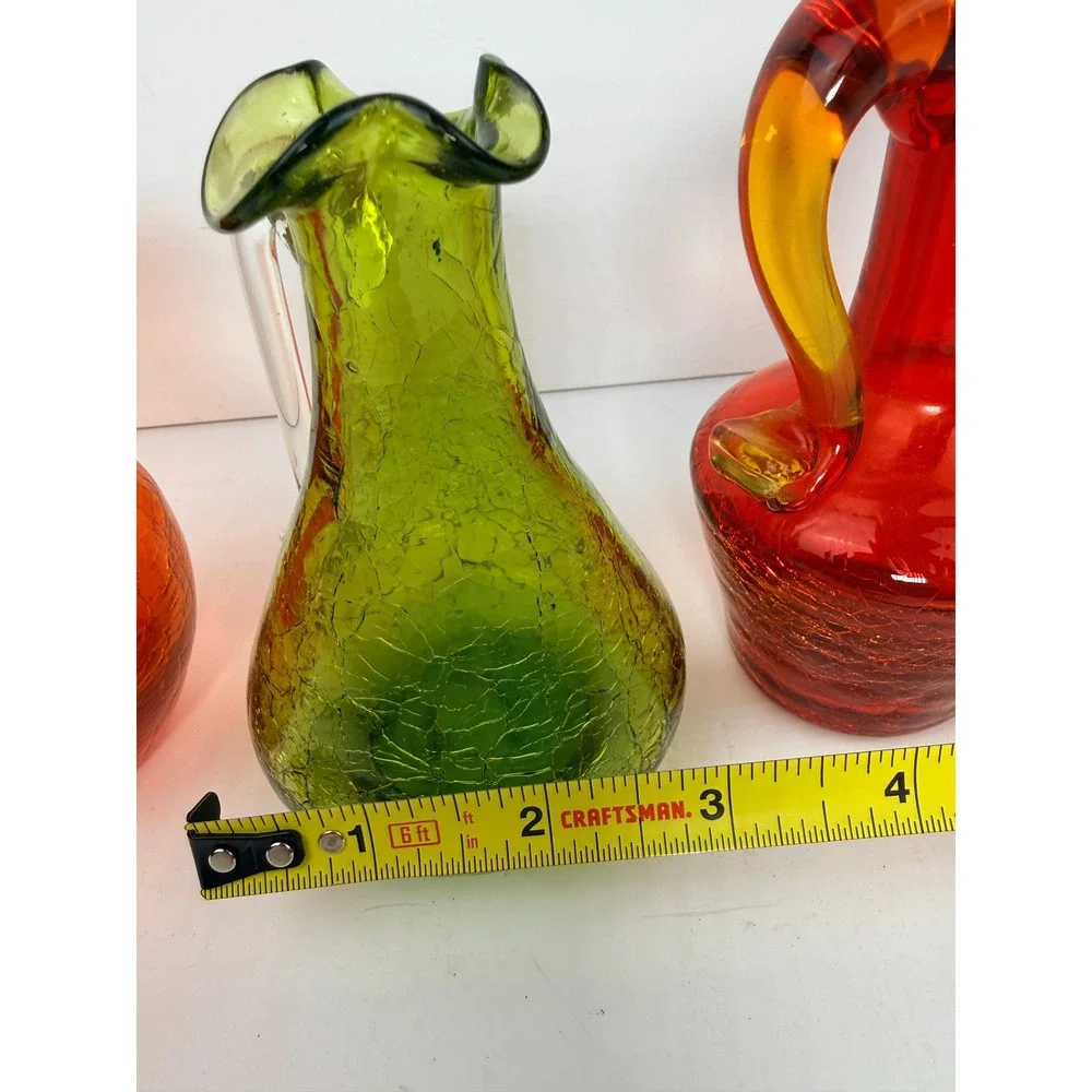 Vintage Crackle Glass Miniature Pitcher Set 4 Rainbow Mid Century Art Glass Vase